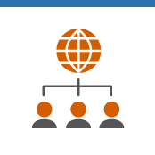 An icon of three figures in front of a globe