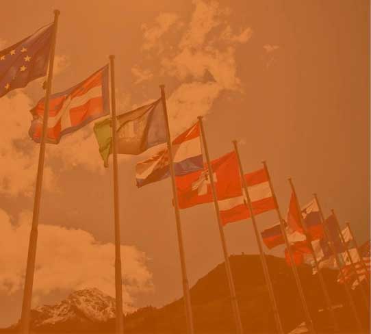 A variety of countrys' flags fly